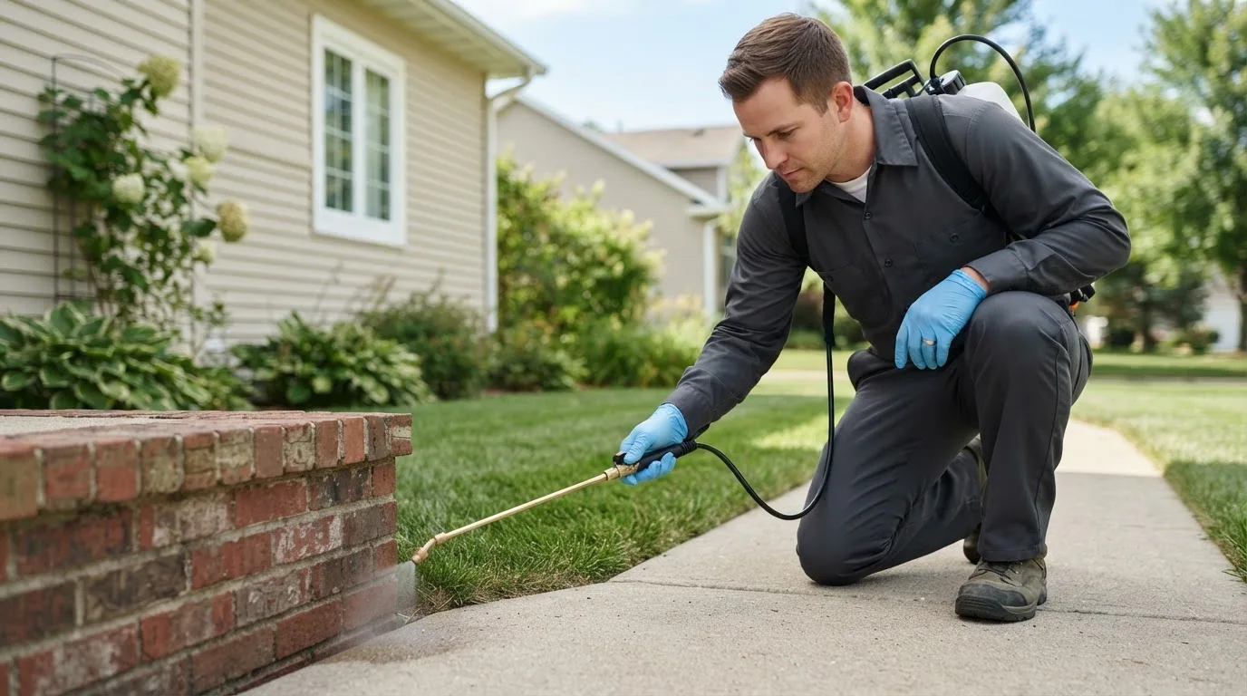 Pest control technician treating a home near Oconomowoc, WI