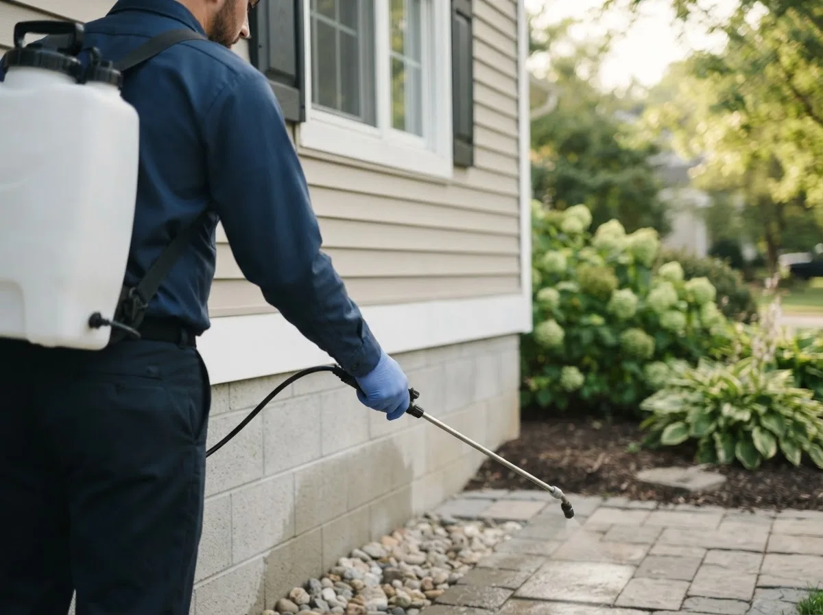 Pest control technician inspecting a home in Oconomowoc, WI